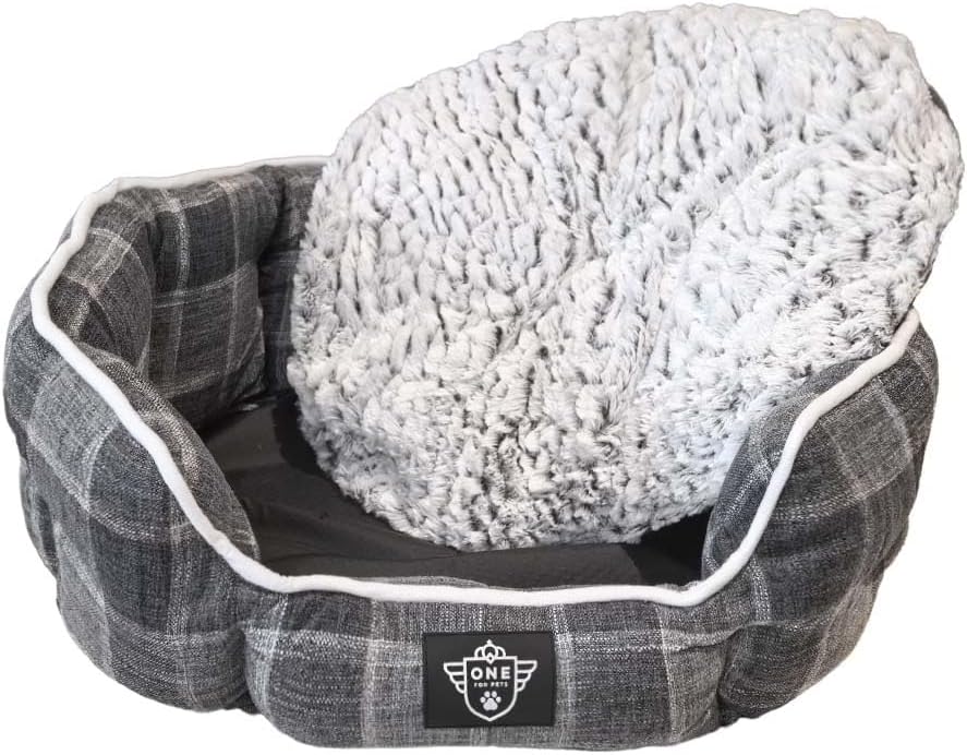 One for Pets Snuggle Pet Bed,Dog Bed, Cat Bed, Removable Washable Octagon Cuddle Bed,Anti Anxiety (Check Pattern, Medium (22.5 Inch))