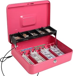 Cash Box with Key Lock,Lock Box Safe Storage Security Locker with Security Cable,Durable Metal Cash Box with Money Tray,Pink