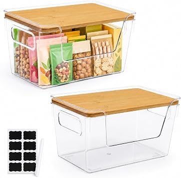 2 Pack Snack Station Organizer for Pantry Shelf,Snack Bar Station Storage Basket with Handle & Wooden Lid,Stackable Plastic Baskets for Storage Pantry Bins Organizer,Kitchen Organization Box