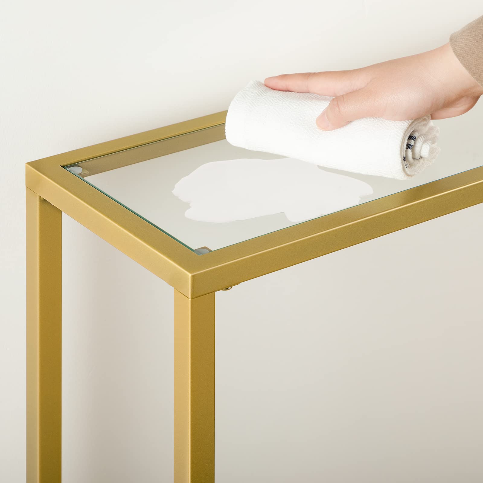 HOOBRO Tavolo Console a Ripiani, 100 cm Tavolo Ingresso con Piano in Vetro Temperato, Tavolo Display per Decorazione, Telaio in Metallo, Soggiorno, Corridoio, Oro Metallico e Trasparente EGD04XG01