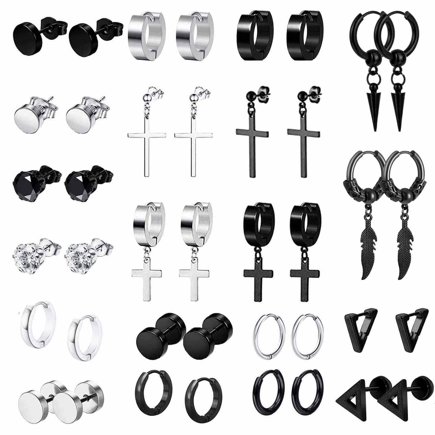 VELESAY 20Pares Pendientes Hombre Acero Inoxidable Aros Pendientes Punk Colgantes Aro Cruz Pendiente Aros Hombres Kpop Aretes Huggie Pendientes Redondos Colgantes Conjunto Pendientes para Hombres y Mujeres