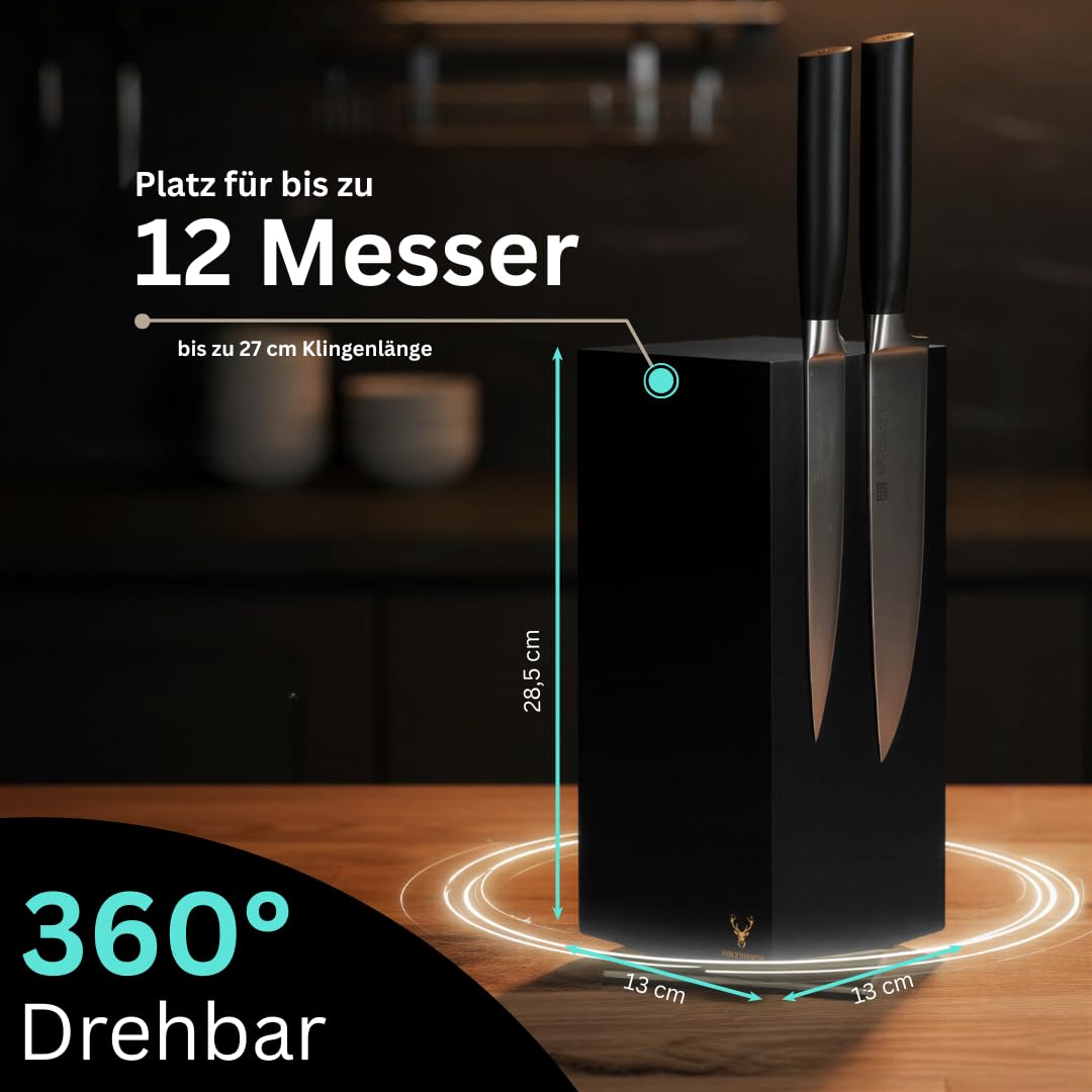 Messerblock ohne Messer magnetisch [Premium] | 360° drehbar | 4,5 kg schwer | Rutschfeste Edelstahl-Basis | Massiver Holzkern | Obsidian BlackWood