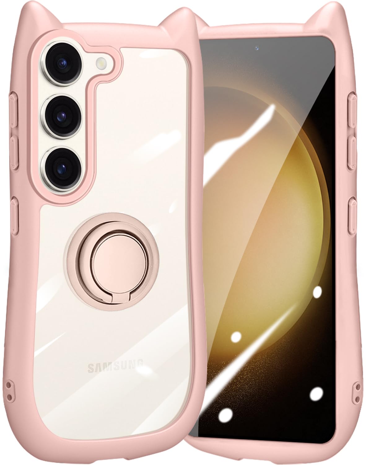 ZHIYIJIA Galaxy S23 用 ケース クリア カバー 猫耳 リング付き リングホルダ かわいい おしゃれ スタンド付き ストラップホール ギャラクシーs23 スマホケース 多機能 全面保護 落下防止（ピンク）