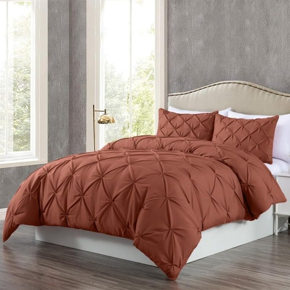 TRP 3 Piece Luxury Lightweight Pinch Pleated Pintuck Fluffy Comforter King Size | Terracotta Color All Seasons Aesthetic Bedding Soft Plush Texture Warm Cozy Feel