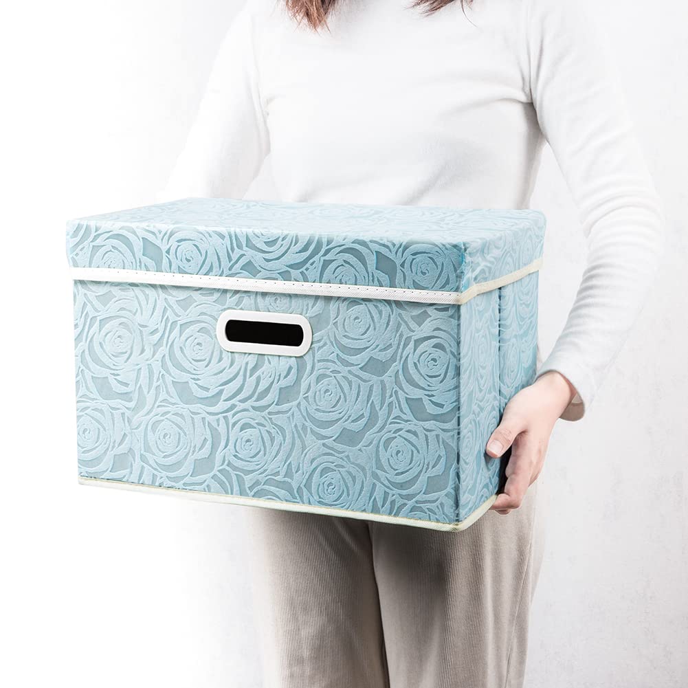 PRANDOM Aufbewahrungsbox mit Deckel,Rosenmuster Stoff Aufbewahrungskörbe,Dekorative Stapelboxen,Würfel,Faltbare Organizer,Boxen,Behälter,Blau(3 Stück) 38x25x25cm,Schlafzimme,Schrank | Faltbare Stoff Dekorative Aufbewahrungsbox, Würfel Organizer Behälter K
