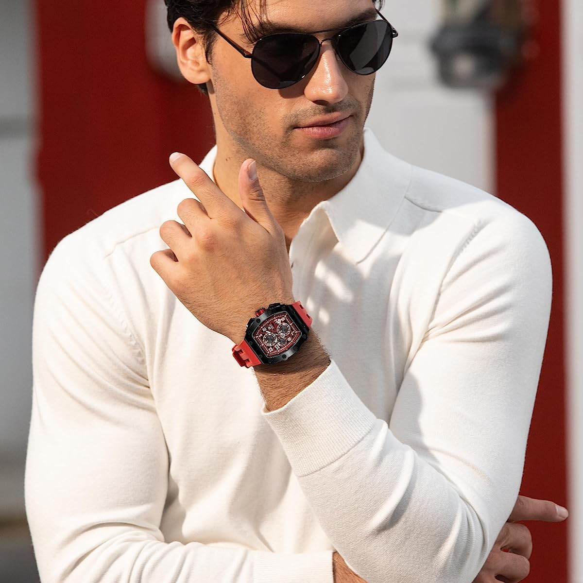 TSAR BOMBA Tonneau Mens Luxury Watch 50M Waterproof Luminous Date Chronograph Wrist Watch with Japanese Quartz Movement Sapphire Crystal Silicone Strap Sport Watches Gift for Men