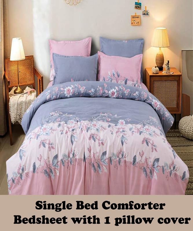 Image of Polycotton Printed 120 TC Comforter & Bedsheet Single Bed Bedding Set, Queen Size (60x90 inch), Pink & Blue, 3 Pieces