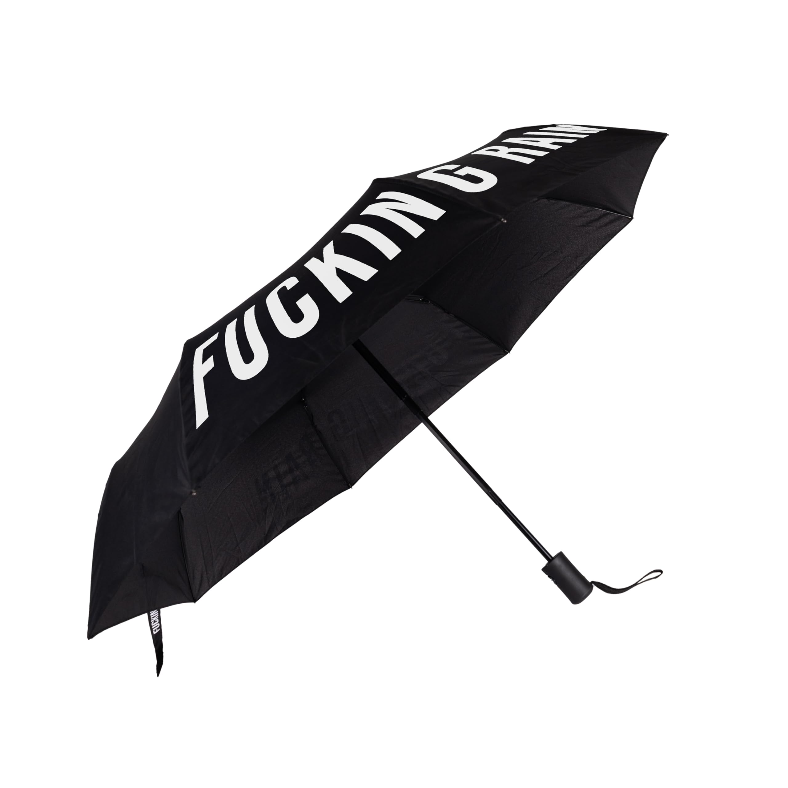 Fisura - Original Foldable Umbrella “f*cking rain”. Black and white mini umbrella. Small women’s, Automatic, foldable Canopy. Travel Accessory.