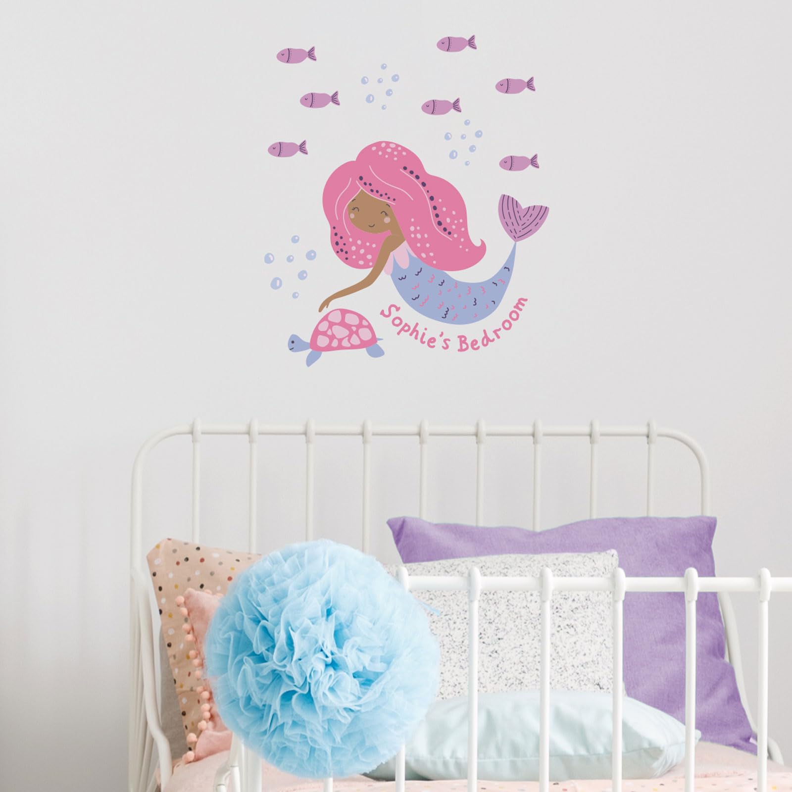 Stickerscape Personalised Mermaid Wall Sticker (Personalised Pink Mermaid - Regular) | Underwater Wall Stickers, Mermaid Wall Decals, Nursery Wall Decor, Mustard and Blue Mermaids | Cleanly Removable