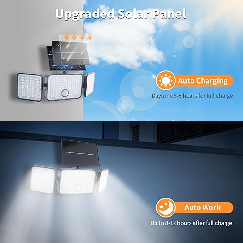 Miniatura 3 de Paquete de 2 luces de inundación solares, 3000LM 223 luces LED de movimiento al aire libre, luz de seguridad de 3 cabezales, IP65 impermeable, fácil