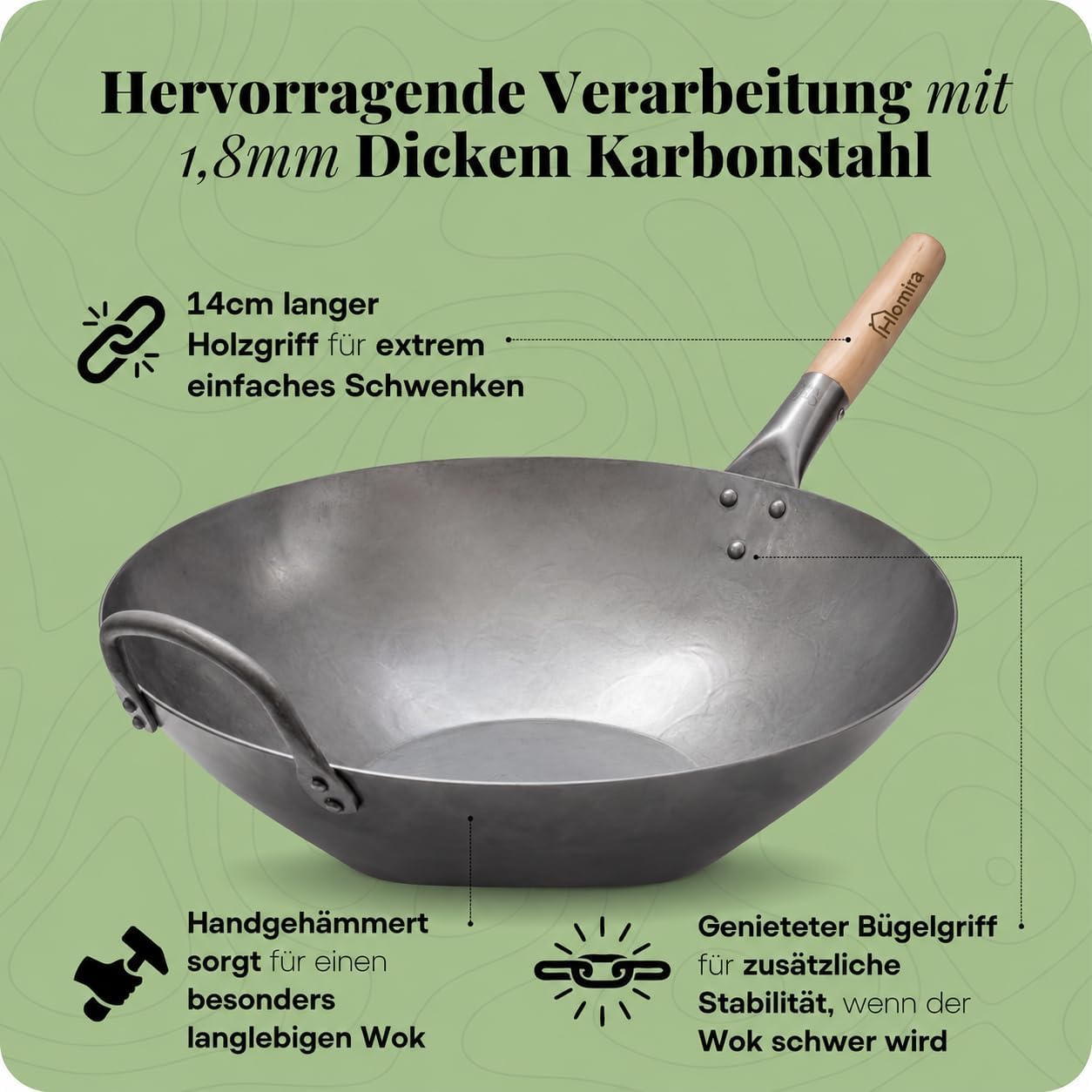 Homira Wok 36 cm handgehämmert aus Karbonstahl mit flachem Boden und Holzgriff – traditionelle PFAS-freie Wokpfanne für alle Herdarten, Gas, Grill & Outdoor (Flacher Boden)