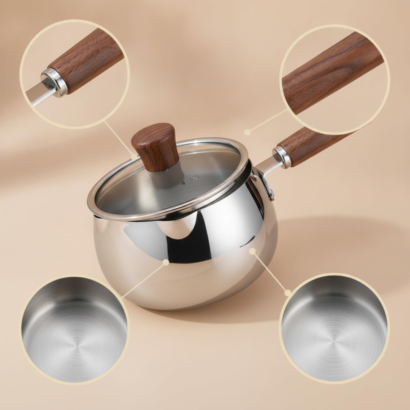 Pentola per Latte Pentolino Padella, 14cm, Manici Doppi In Legno Di Noce, 1200ml, Con Coperchio E Griglia Per Cottura A Vapore