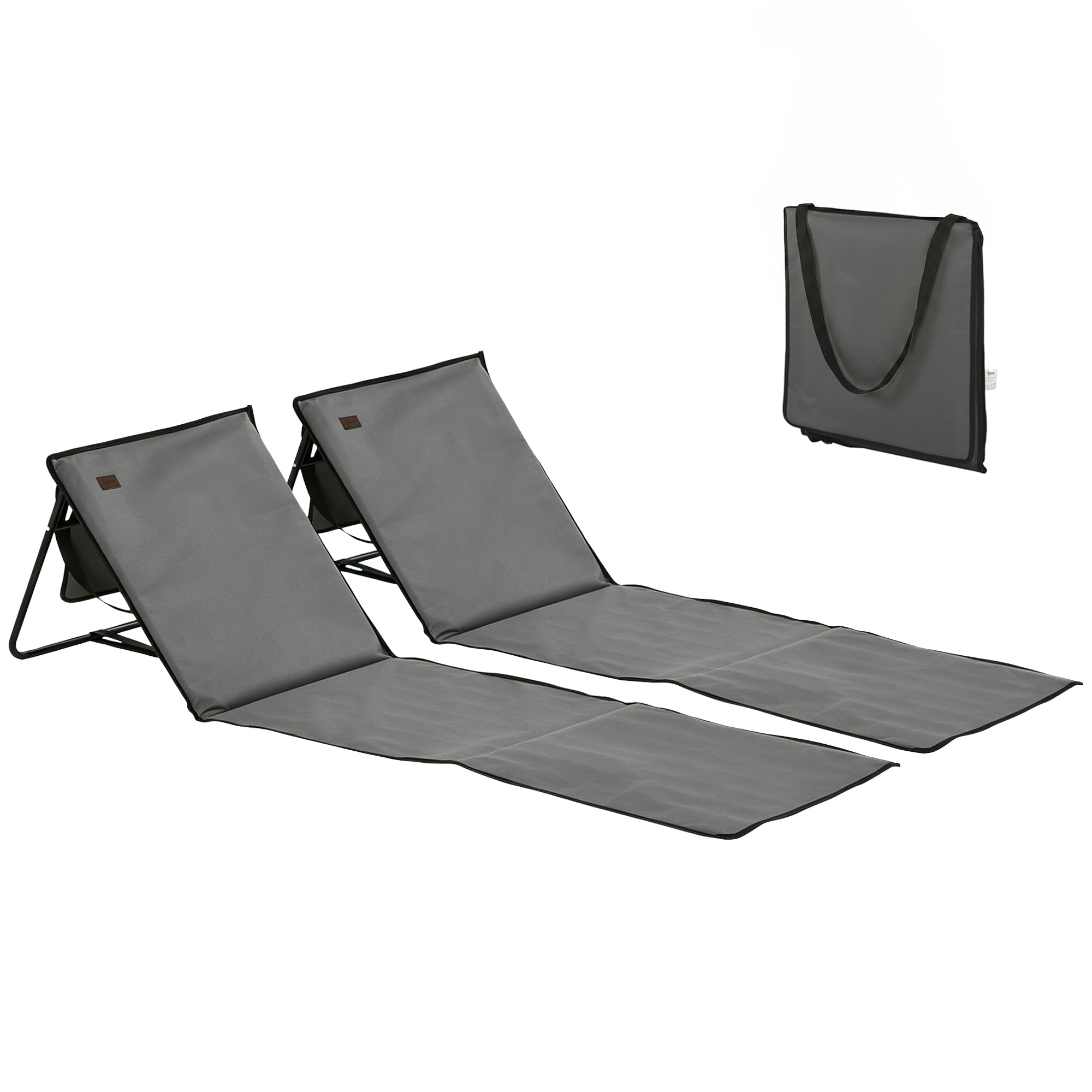 Outsunny Conjunto de 2 Esterillas de Playa Plegable Esteras Acolchadas de Tela Oxford PVC 600D con Respaldo Reclinable y Correa de Transporte para Jardín 142x51x40 cm Gris