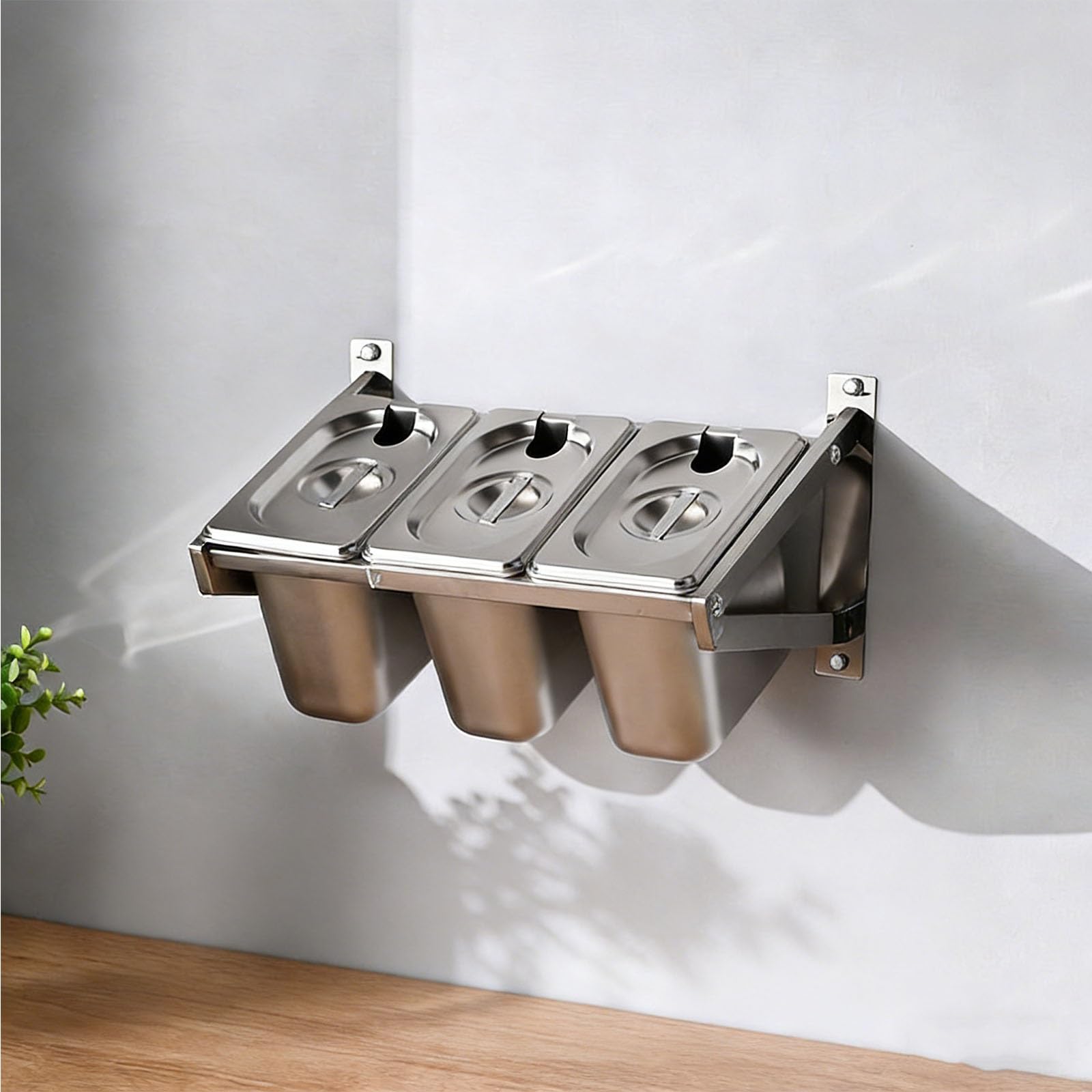 Pizza Topping Station Dispenser da parete per condimenti con coperchio, design triangolare, in acciaio inox rimovibile, per salse, frutta, ingredienti