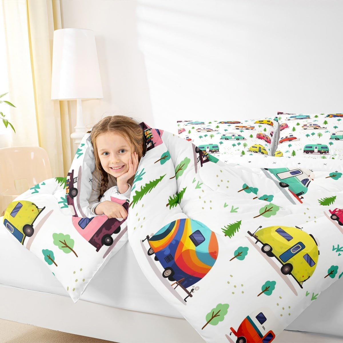Manfei Happy Camping Comforter Set Queen Size, Camper RV Trailers Bedding Set 3pcs, Travel Adventure Theme Down Comforter for All Season, Kids Boys Teens Room Decor, 2 Pillowcases, No Sheets