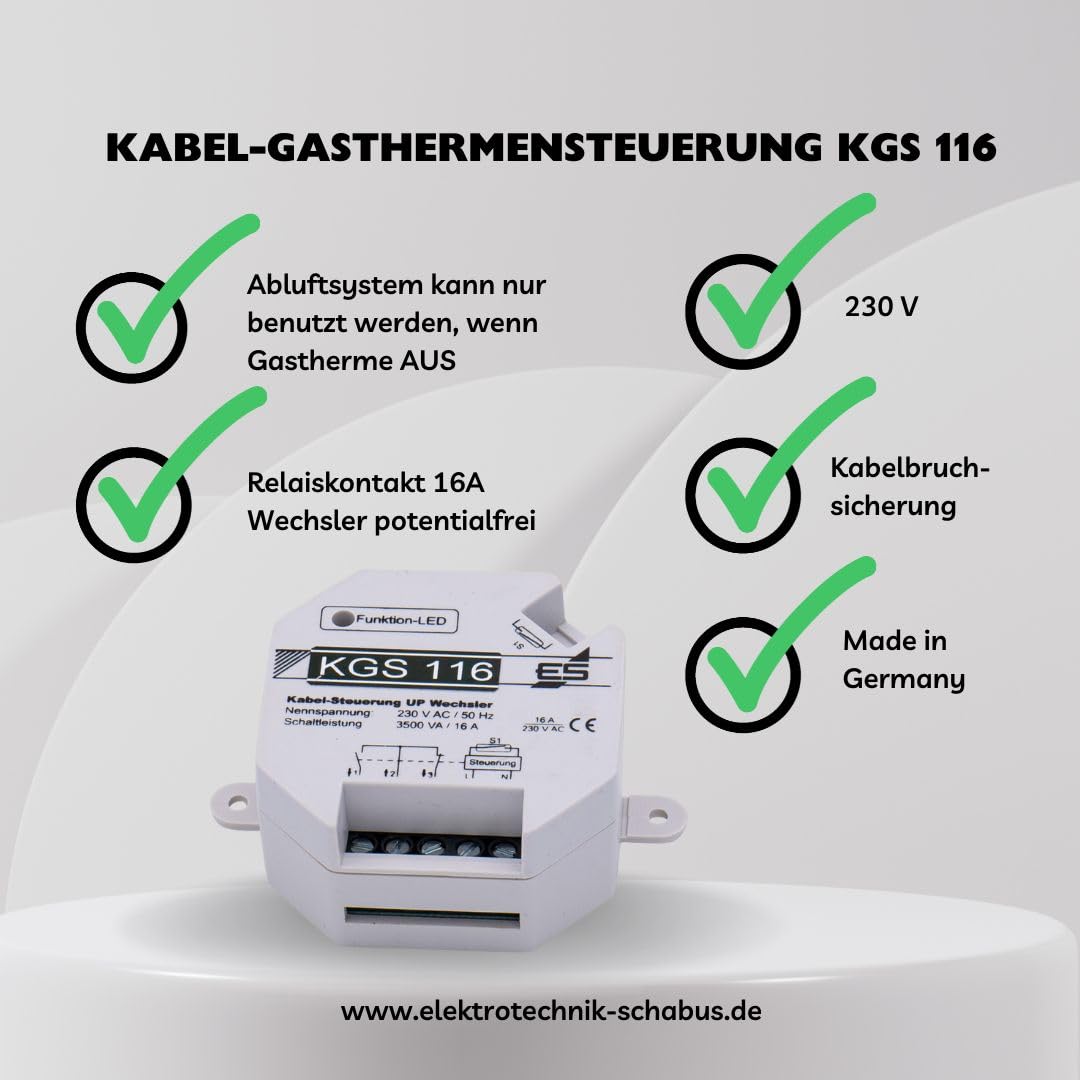 Schabus Kabel-Gasthermensteuerung mit 4 m Kabel, Abluftsystem z.B. Badlüfter kann trotz Gas-Therme sicher betrieben Werden