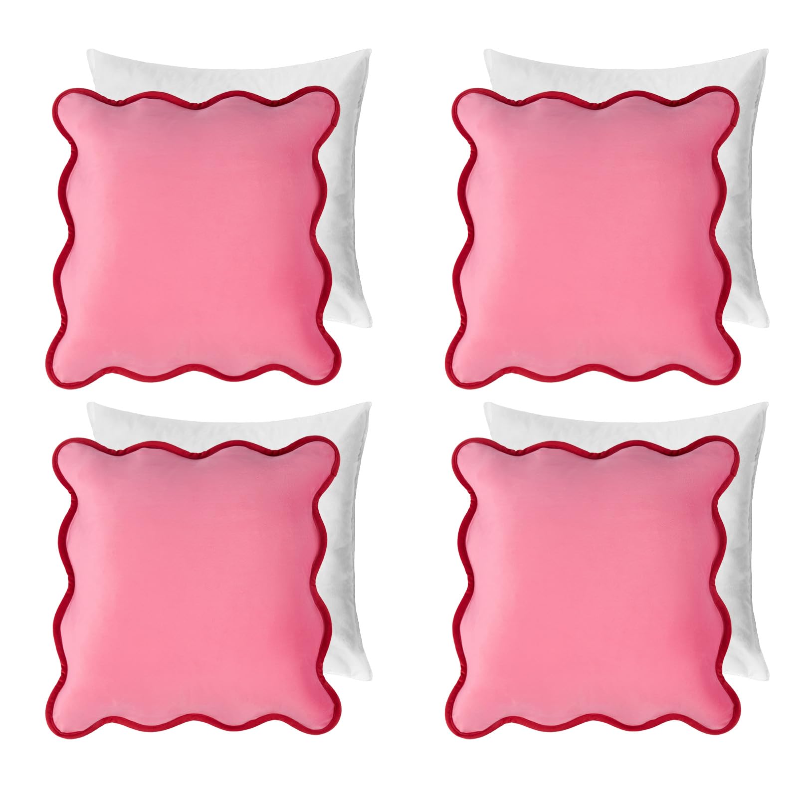 Ohs Pink/Red Filled Cushion Covers Matte Velvet Scallop Edge, Soft Velvet Valentines Decoration Sofa Pillowcases 4 Pack With Hidden Zipper For Livingroom Bed, - 45X45cm
