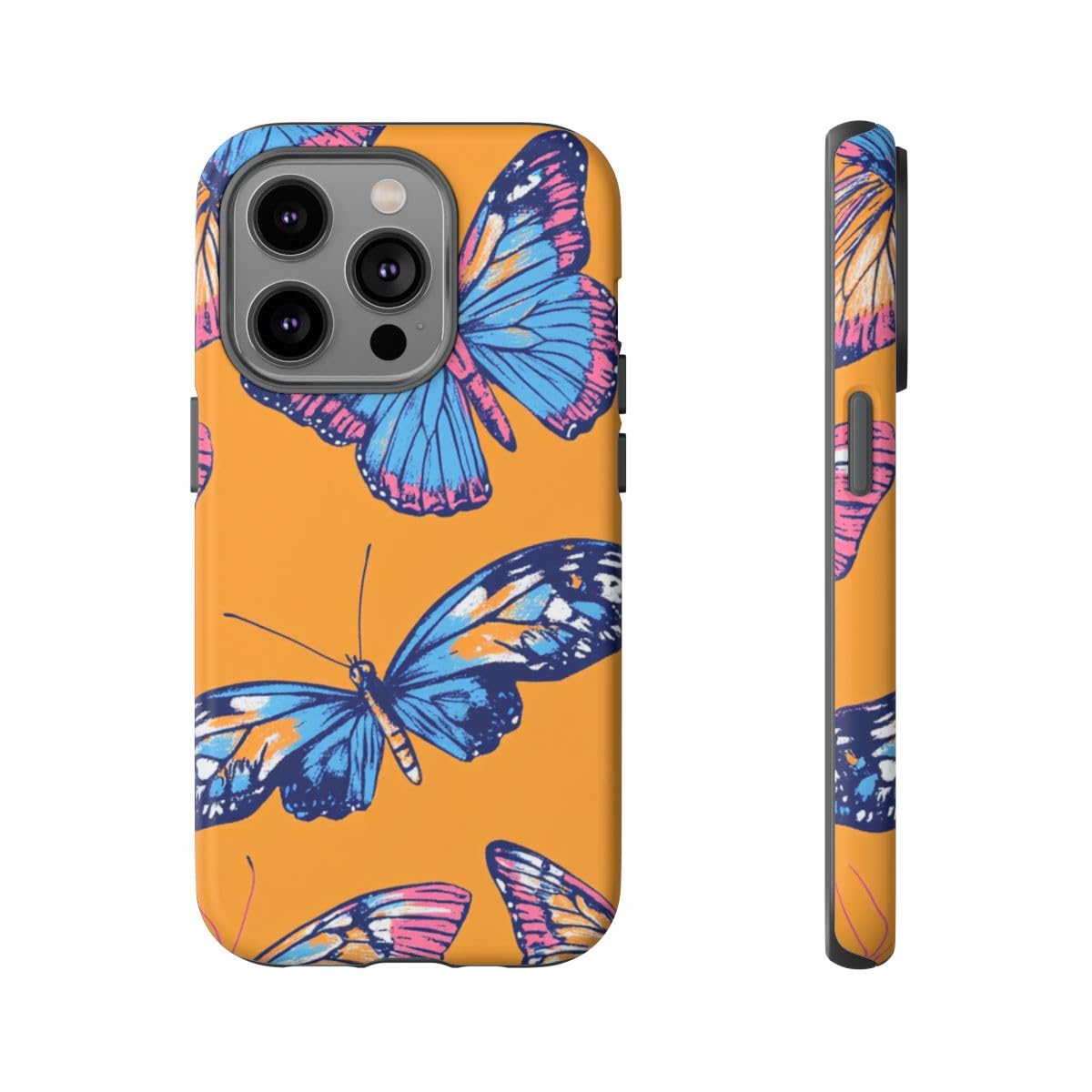 Coque iPhone 14 Pro papillons bleus et roses rigide mate orange contre traces et chocs