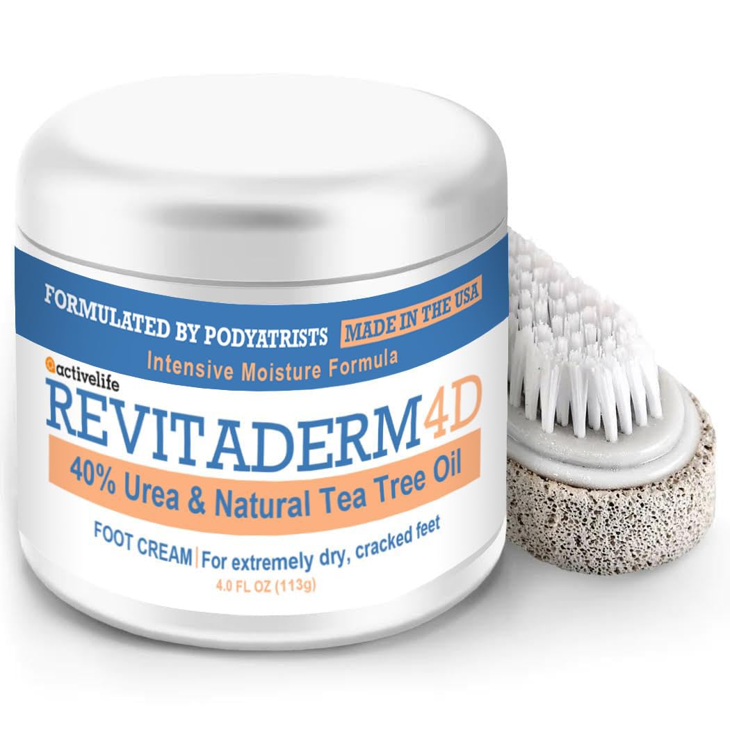 Revitaderm 4D Urea Cream 40% for Feet, Intensive Moisturizing Foot Cream for Dry, Rough, Callused Skin, Includes Free Pumice Stone and Exfoliating Brush, Fast-Absorbing, Fragrance-Free, 4oz, 2 Pack
