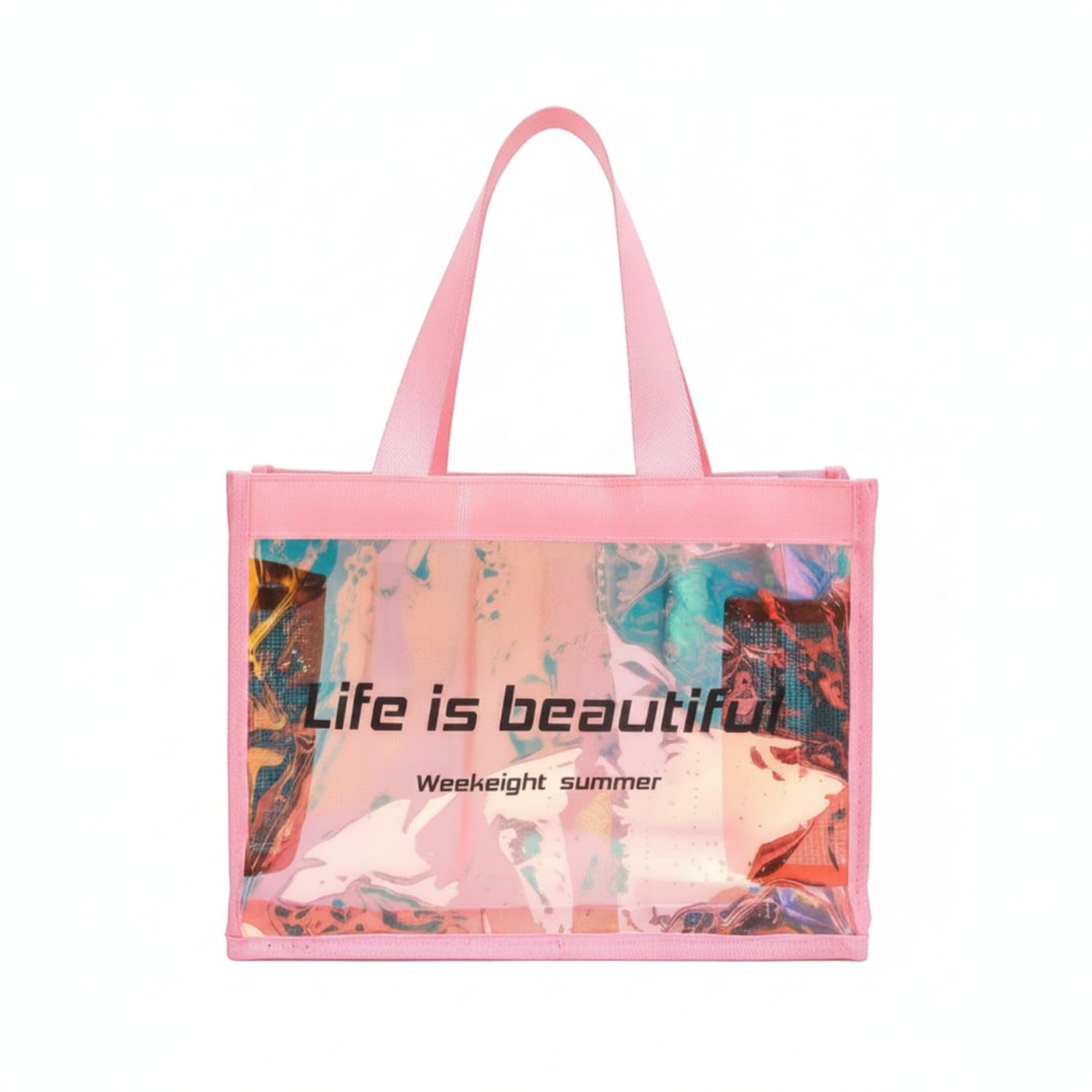 Iridescent Clear Beach Tote Structured Transparent Beach Bag Roomy Clear Tote Bag Spacious for Travel, Pink|Gym Bags|Sporting Goods-image-30