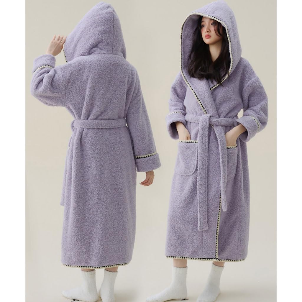 YCKEGEW Albornoces Largos con Capucha, Albornoces De Felpa Suave, Gruesa Y Cálida para Mujer, Bata De Casa, Albornoz De SPA con Cuello Chal, De Secado Rápido Pero Cálido