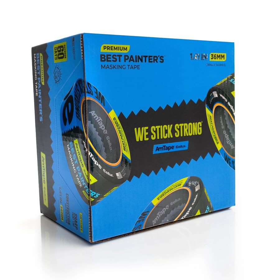 AmTape Premium Best Painter’s Masking Tape, Solvent & Moisture Resistant, 60-Day Clean Removal, Super Washi Painter’s Tape for Walls, Ceilings & Trim, Blue (2" - 3pk)