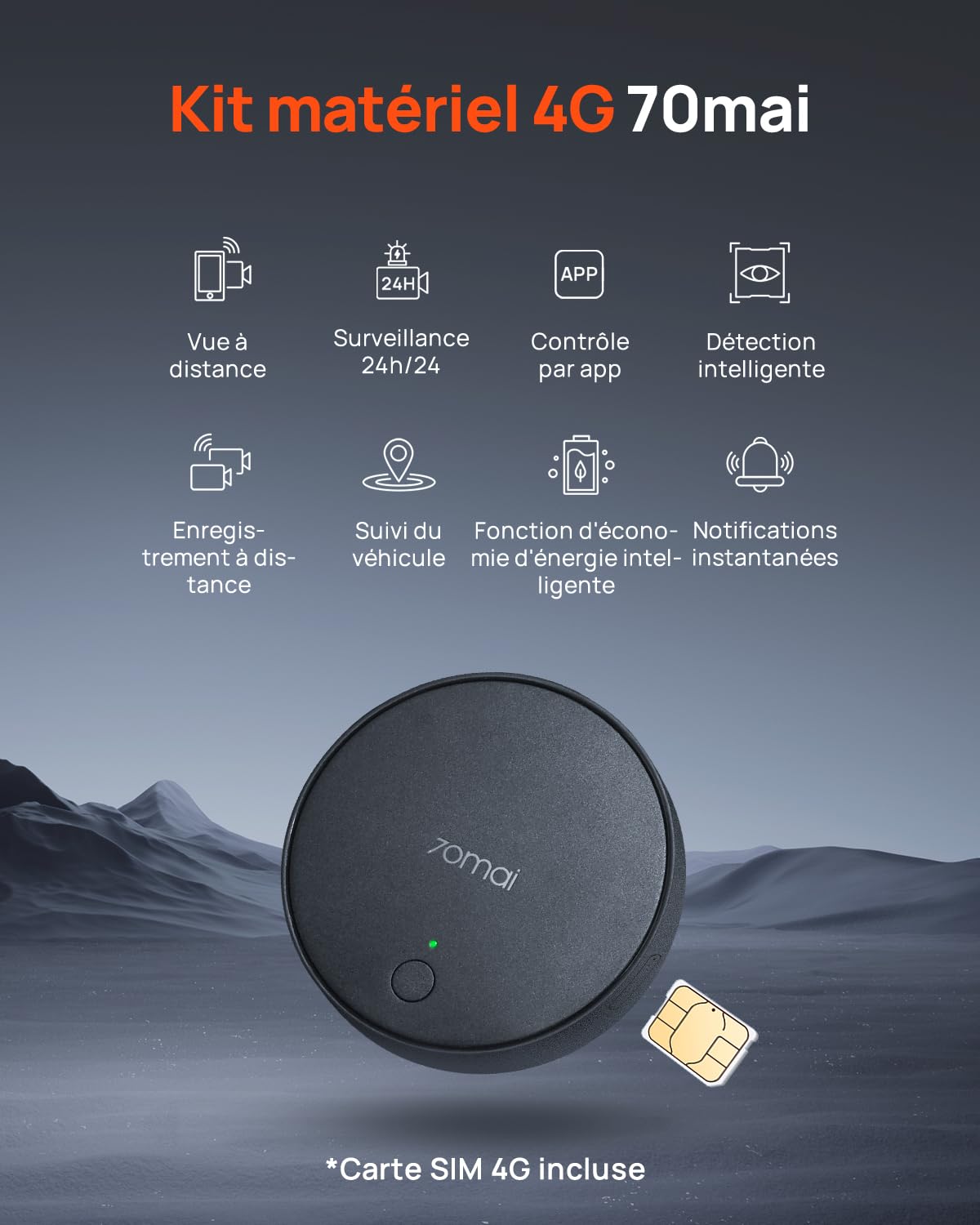 70mai 4G Kit de Câblage UP04 for Dash Cam 4K Omni/X800&A810&A510&T800&A810S, Surveillance de Parking Intelligent 24H, Surveillance en Temps réel, Alerte Instantanée, Localisateur Voiture par GPS