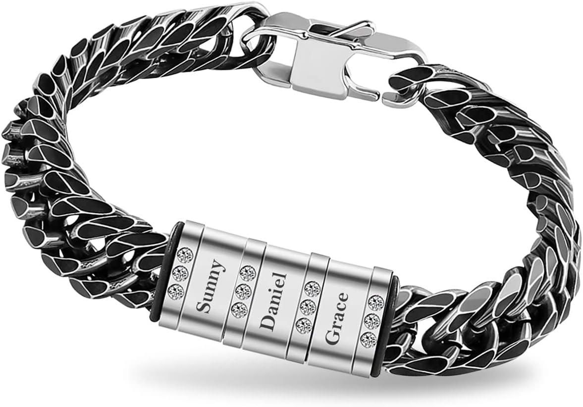 Personalized Mens Bracelet Custom Stainless Steel Bracelet for Men Engraved 1-6 Name Beads Braid Father Bracelet Customized Jewelry Gifts for Dad Husband Fathers Day Birthday