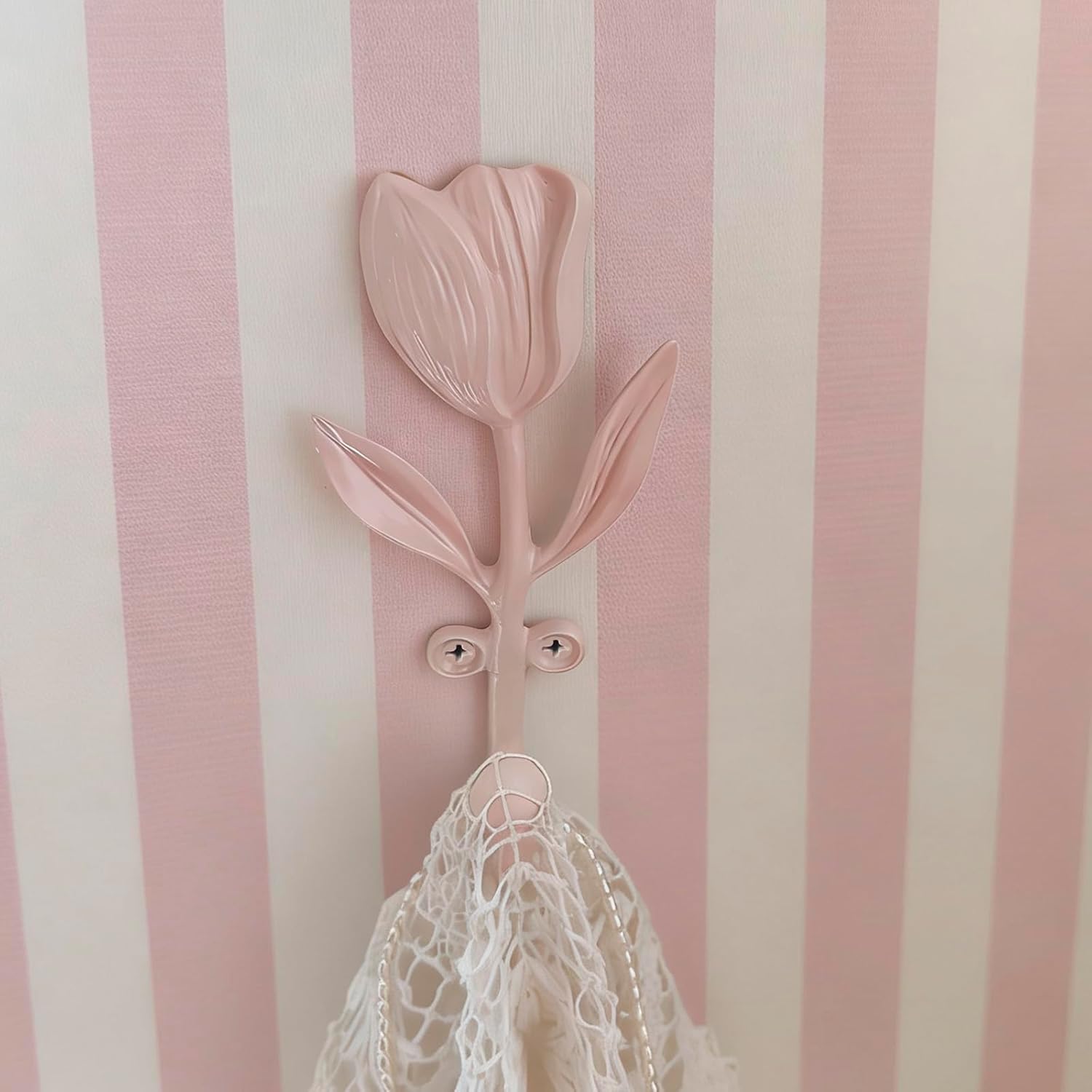 Pink Tulip Wall Hooks - Pack of 2 | Farmhouse Style | Easy Installation | Sturdy Metal Hooks for Clothes, Bags, Towels, Hats