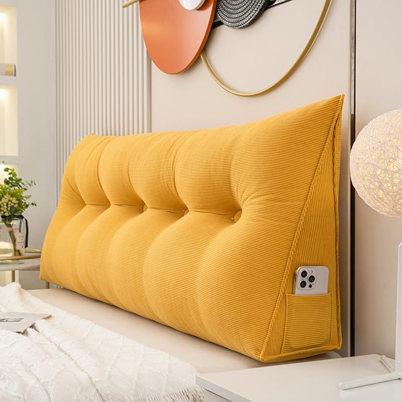 Cojín triangular para cabecero de lectura a rayas, relleno de algodón, para cama y sofá, almohada de respaldo de pared, 100 x 50 x 20 cm, color amarillo, acogedora decoración del hogar