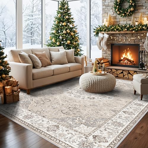 8x10 Living Room Rug for Family- Washable Oriental Stain Resistant Rugs for Bedroom Nursery Non Slip Ultra Soft Carpet for Dining Room Medallion Farmhouse Home Decor Floor Decoration Mat (8x10 Beige)