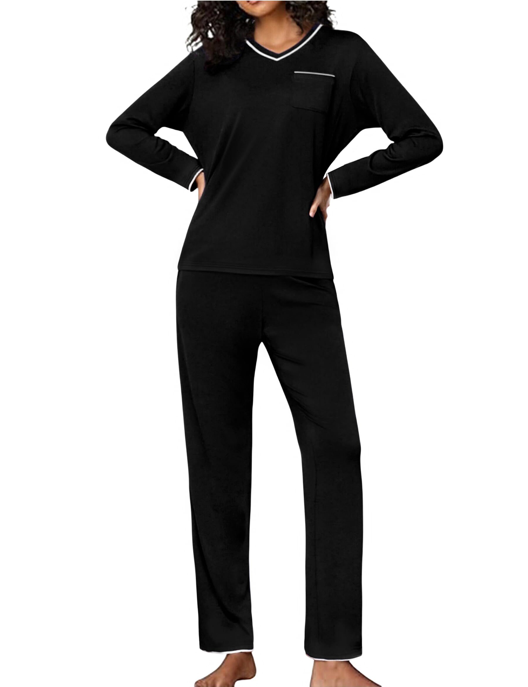 Demegimi Schlafanzug Damen Lang Pyjama Baumwolle V-Ausschnitt Nachtwäsche Winter Schlafanzüge Einfabig