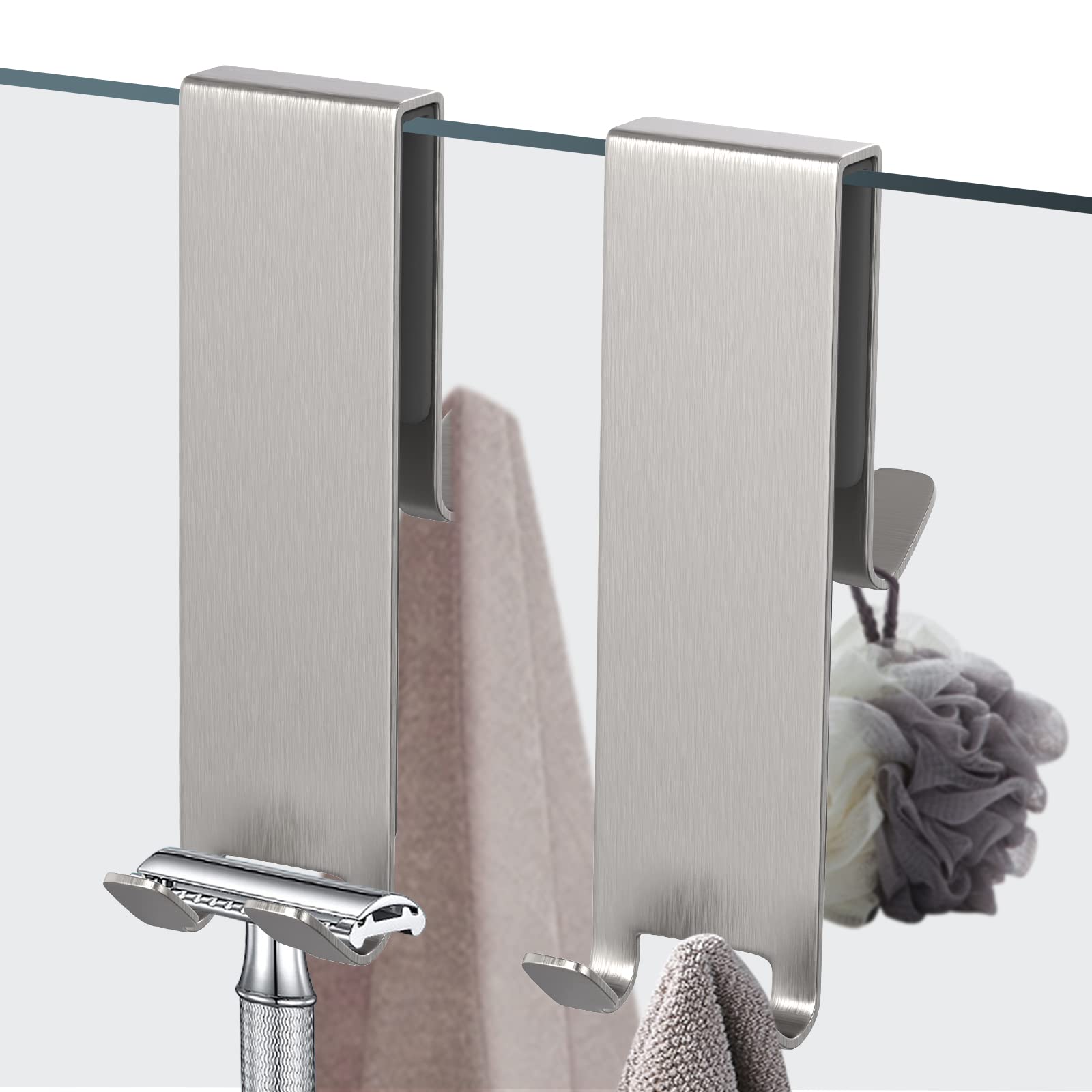 KITHOLD Glass Shower Door Hooks, 2 Pack Set for Frameless Glass Door in Bathroom for Hanging Towels, Razors, Wipers (Silver)