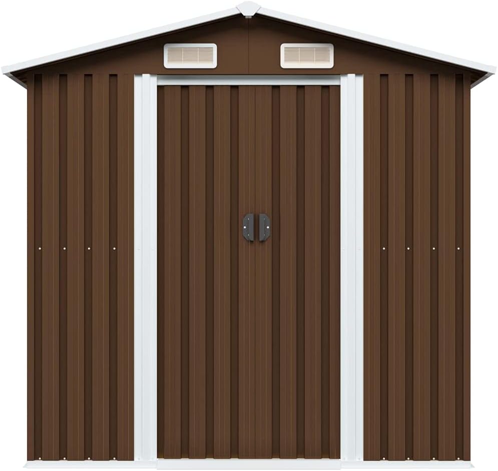 Front view of the vidaXL Garden Storage Shed with double sliding doors and ventilation openings