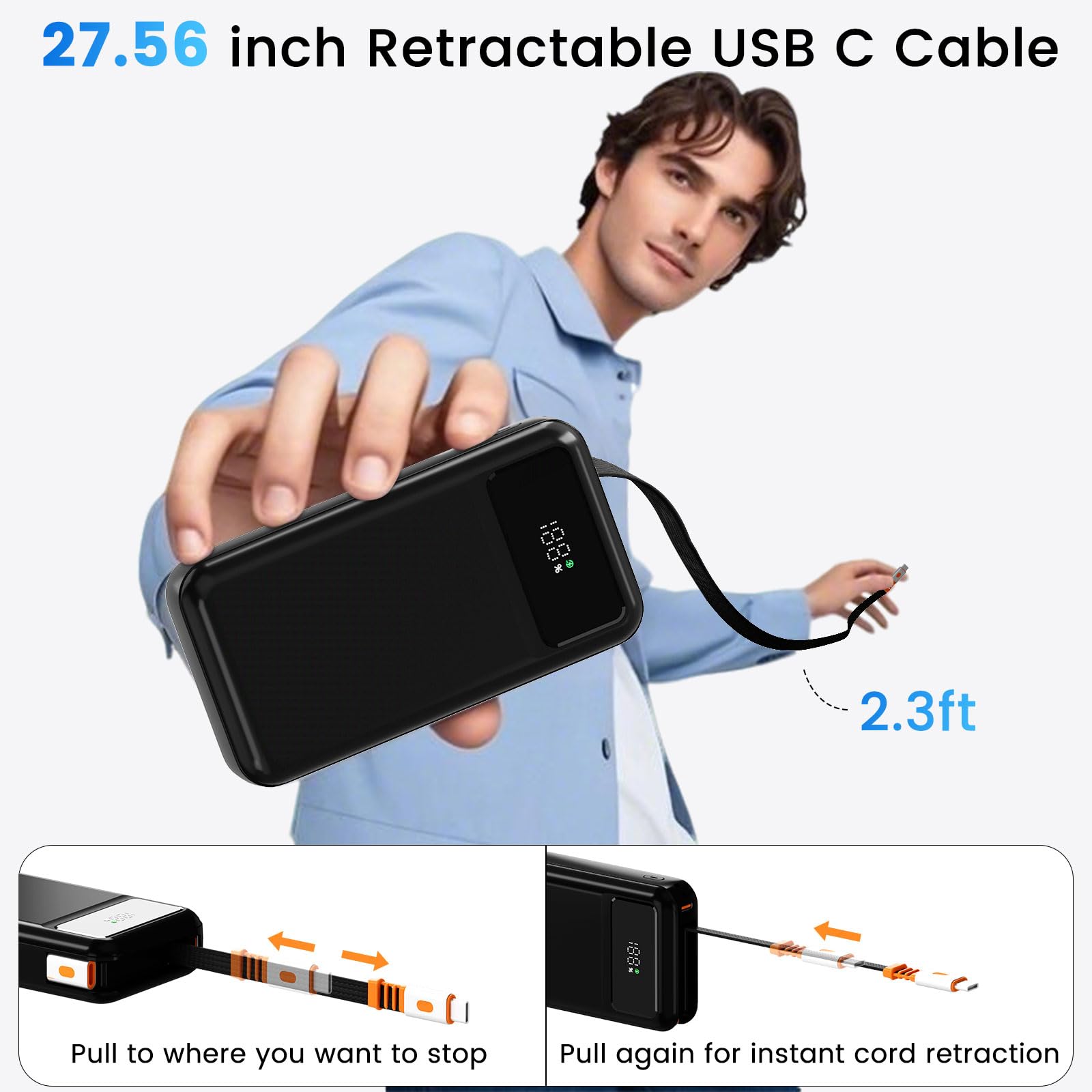 LUCKYDUO Power Bank 10000mAh with Built-in 2.3ft Retractable Cable, Travel Essentials Portable Charger, Fast Charging USB C Battery Pack LED Display, for iPhone 16/15/Pro,Samsung and More(Black)