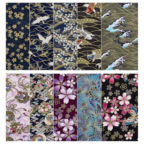 PH PandaHall 10pcs Tissu en Coton Style Japonais Patchwork Fleur Carrés Tissu Artisanat Tissus Quiltage Fat Quarters Tissus Couture pour DIY Artisanat Scrapbooking Art Décor 25x25cm
