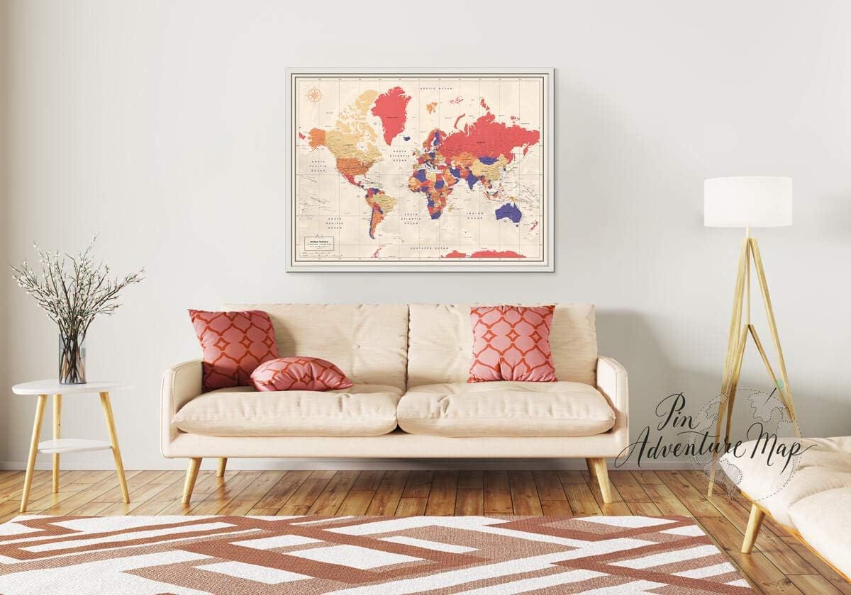 Framed world map for wall | Personalized World map Pin board With Push Pins | Mark places traveled | Detailed and Modern Travel Map With Pins up to 40" x 53" Large