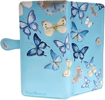 Shag Wear Butterflies Large Wallet for Women Vegan Faux Leather Clutch Purse with Butterfly Design, Nature Theme, Magnetic Snap Closure, Card and Bill Organizer Blue 7"