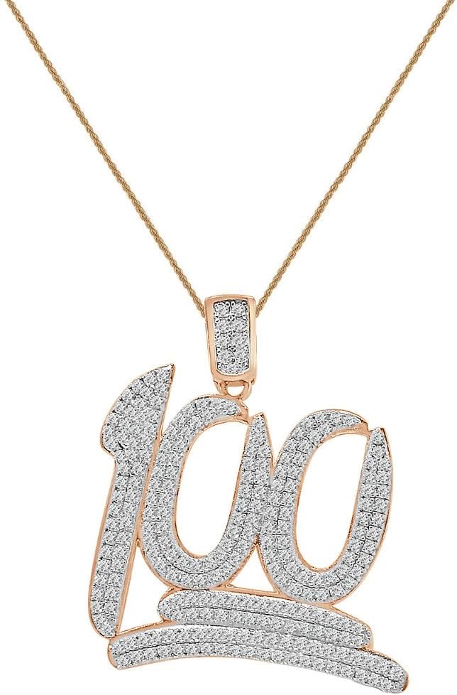 VVS1/D 2.35 Ctw. Authentic Italian Sterling Silver 14K Solid Real Gold Bonded Lab Simulated Diamonds Hundred 100 Number Emoji Charm Pendant Free Rope Chain Neckless