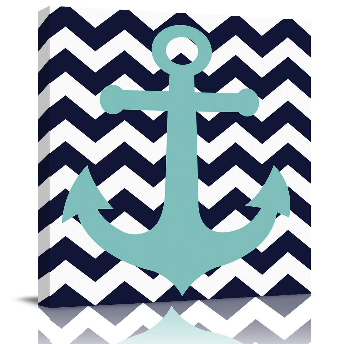LAMANDA Wall Art Canvas Nautical Teal Anchor Navy Blue Zigzag Ripple,Oil Painting Prints Stretched and Framed,White Chevron Abstract Geometric Artwork Decor for Living Room Bedroom Kitchen 20x20 inch