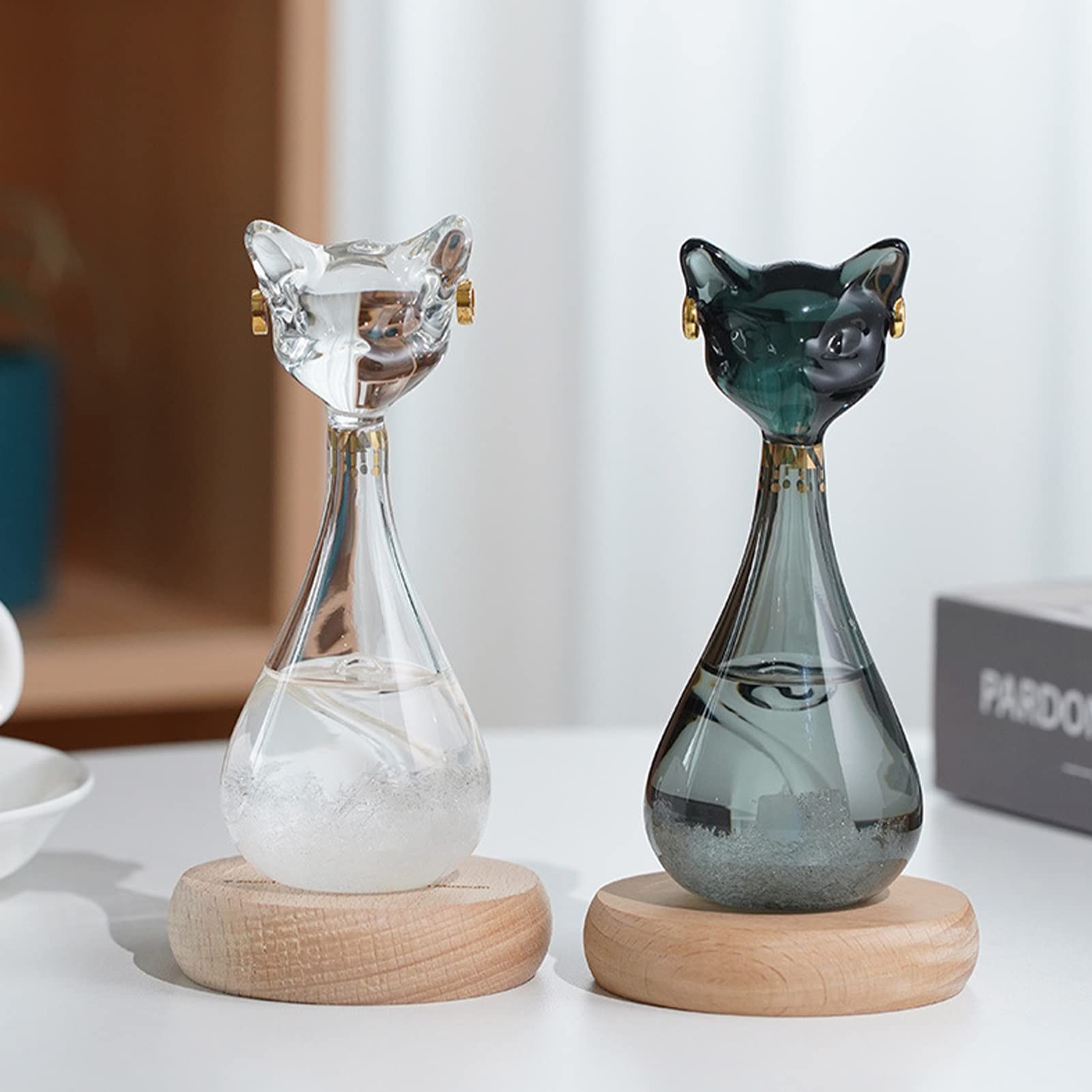 Stazione meteo tempesta, bottiglia previsioni meteo a forma di gatto, meteo barometro in vetro con base in legno, vetro tempesta, regalo originale per compleanni da donna (gatto nero)