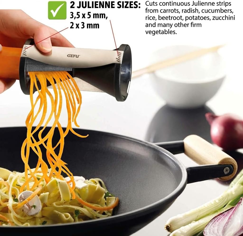 GEFU Spirelli Spiral Slicer showing two julienne sizes