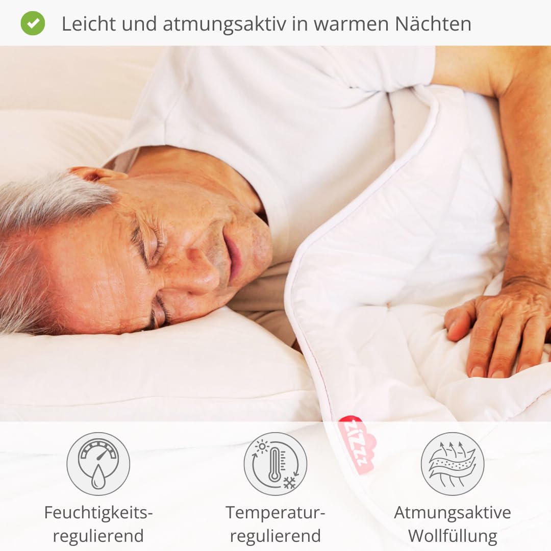 Sommerbettdecke aus Schafwolle 180 g/m² | Leichte Swisswool, Bio-Baumwollbezug, Atmungsaktiv, Temperaturregulierend, Waschbar