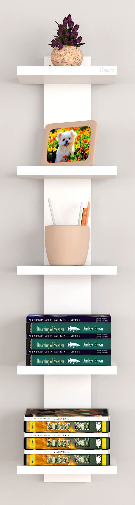 Captiver Engineered Wooden Wall Mount Open Books Rack Shelf Donald Tier 5 (Matte Finish,White) II Space Saver for Home Living Room Office Tree Shape