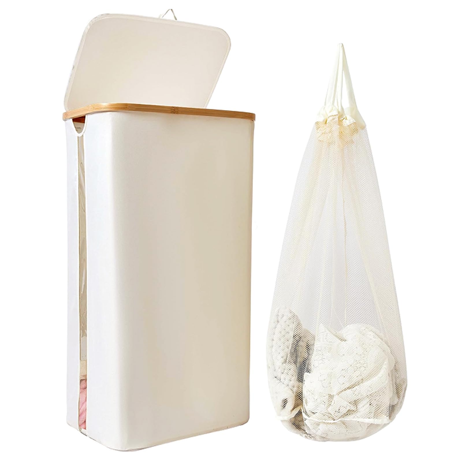 100L Laundry Basket with Lid, Clothes Hampers for Laundry with Bamboo Handles Large Foldable Laundry Hamper with Removable Inner Bag for Laundry Room, Bathroom, Bedroom and Dorm - Beige
