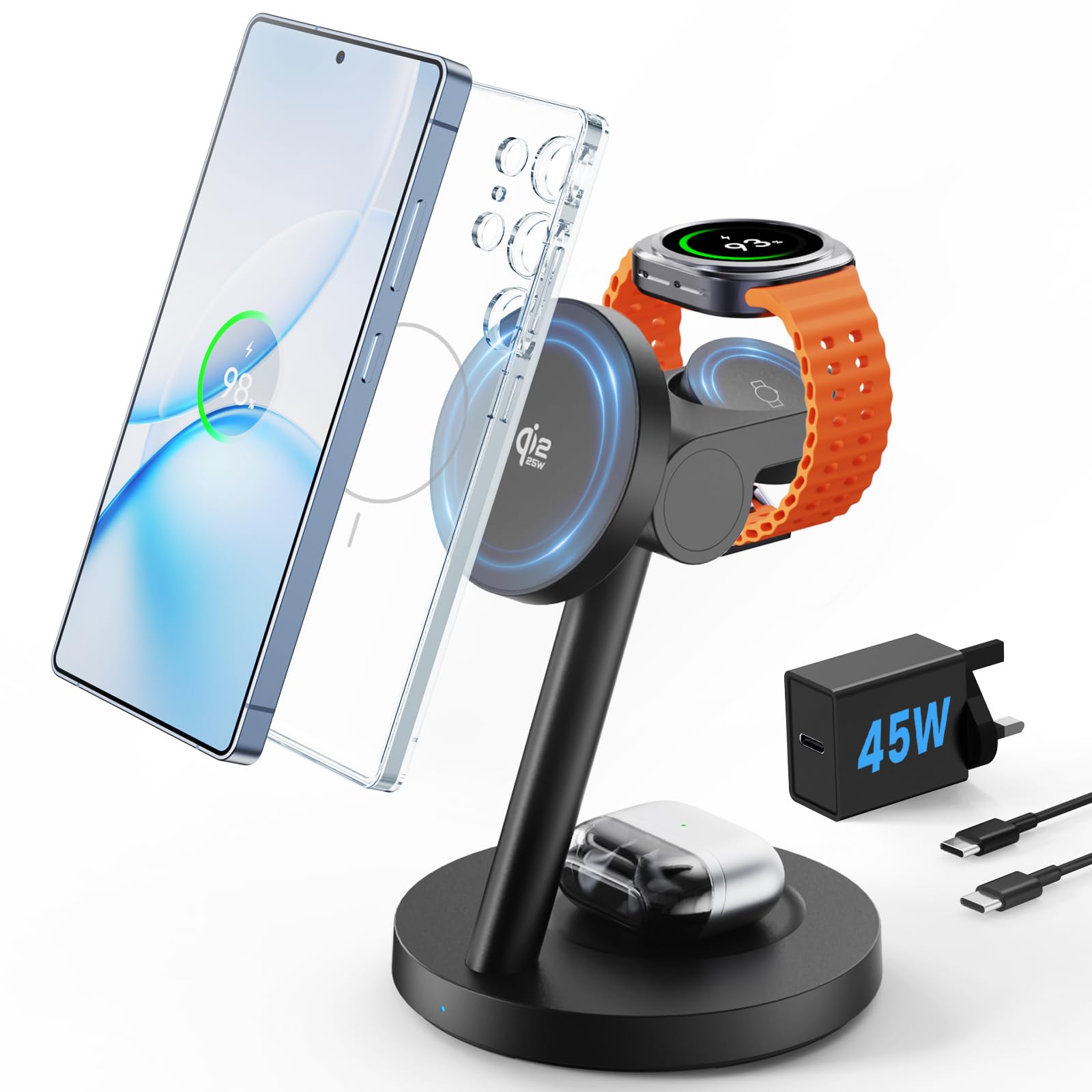 JoyGeek Qi2 25W 3 in 1 Magnetic Wireless Charger, Fast Charging Station for Samsung Galaxy S26/S25-S23/Z Fold/Z Flip 8, for Galaxy Watch Ultra/8/7/6/5 & Buds, Ideal for Office & Home, with 45W Adapter — image 1