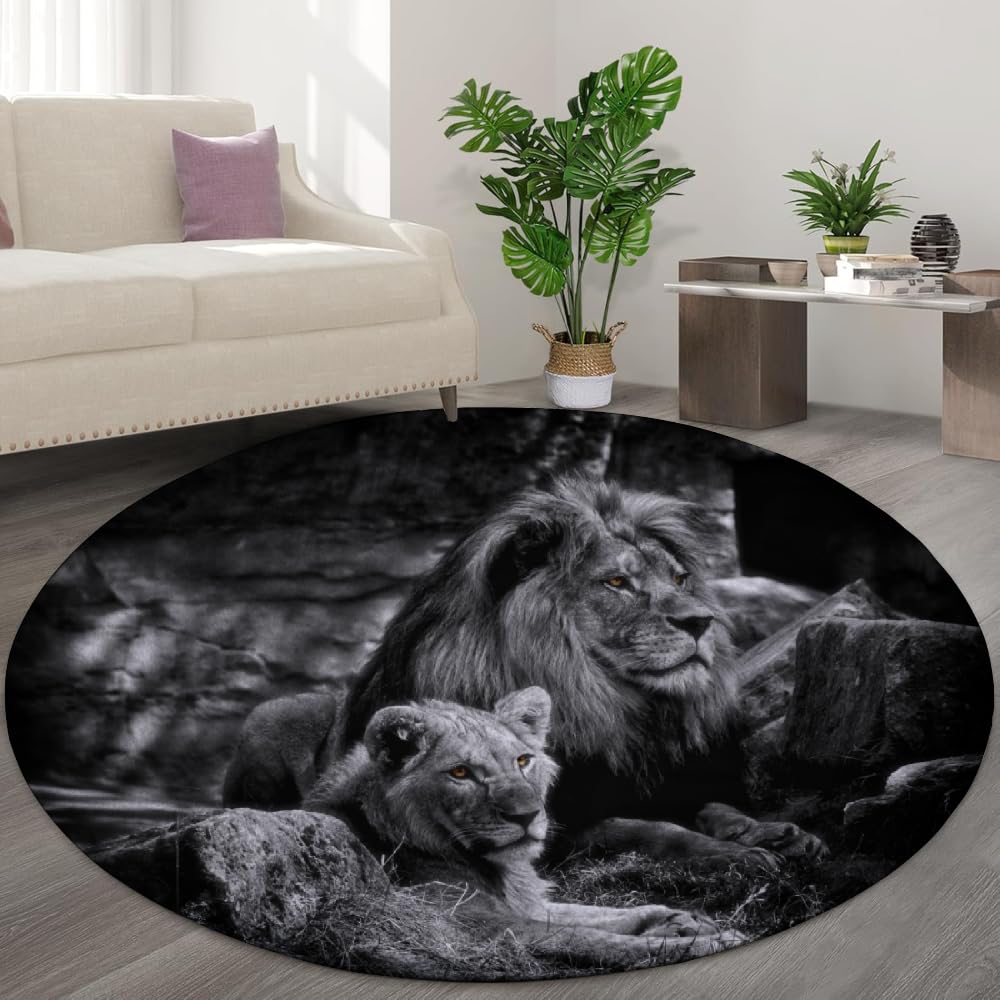Tapis rond 3D lion noir et gris antidérapant pour chambre et salon