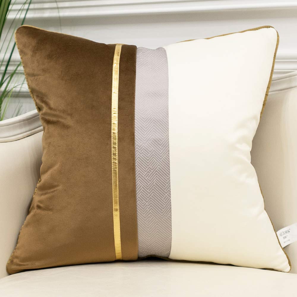 Avigers 20 x 20 Inches Coffee Brown White Gold Leather Striped Patchwork Velvet Cushion Case Luxury Modern Throw Pillow Cover Decorative Pillow for Couch Living Room Bedroom Car