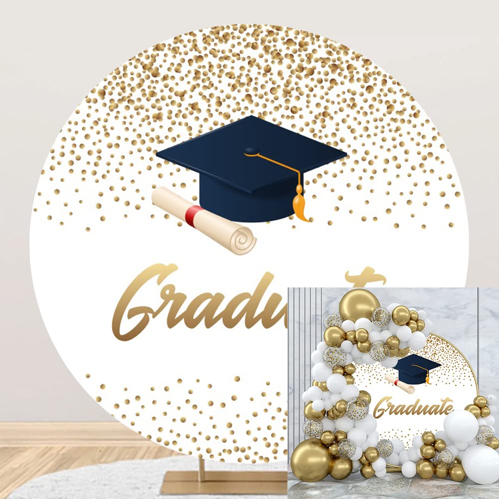 OERJU Graduation Round Backdrop Cover 6.5x6.5ft Bachelor Cap 2026 Congrats Grad Round Backdrop White Gold Dots Congratulations Graduates Graduation