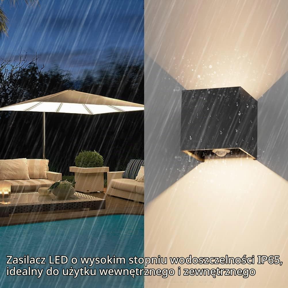 Klighten Lampy ścienne z detektorem ruchu, automatyczne włączanie/wyłączanie, 12 W, czarna lampa ścienna, ciepła biel, zewnętrzne lampy ścienne do ogrodu, ścieżki